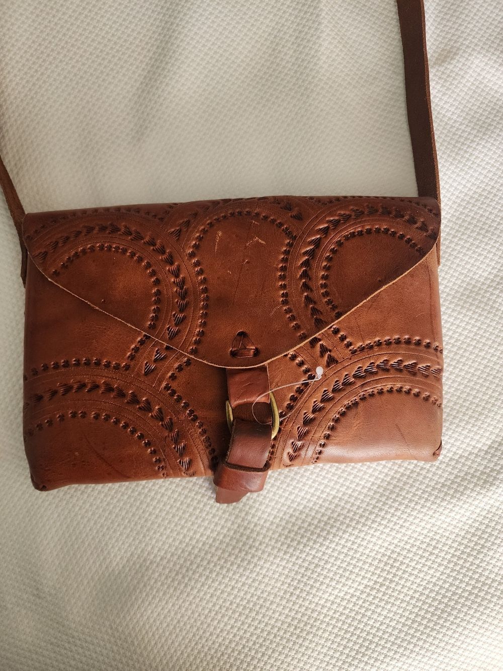 Artisan Embossed Tan Leather Crossbody Bag